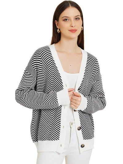 Striped Open Front Button Down V Neck Cardigan Sweaters