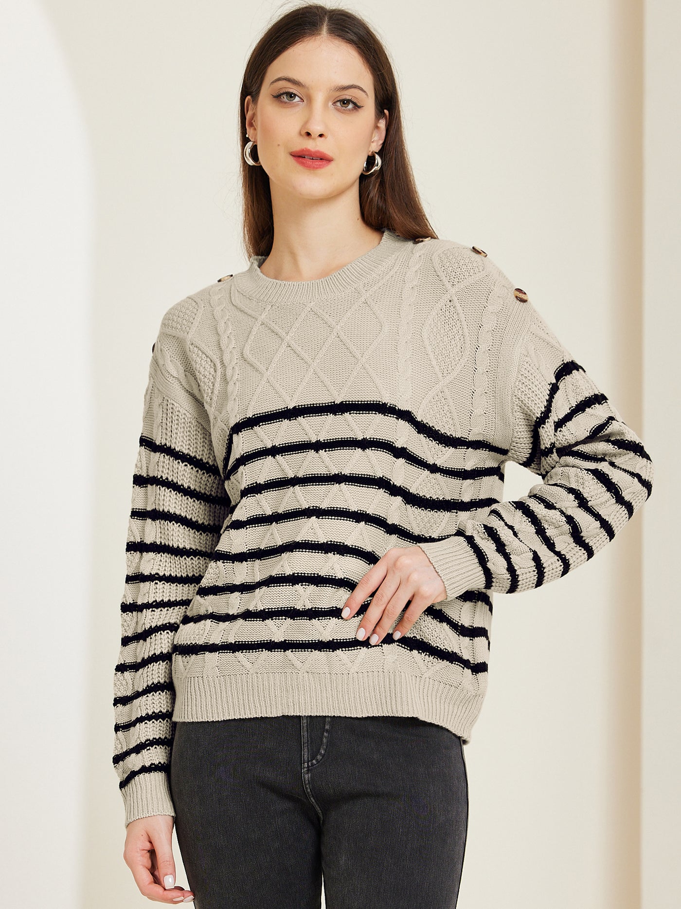 Allegra K Striped Pullover Crew Neck Long Sleeve Cable Knitted Sweater