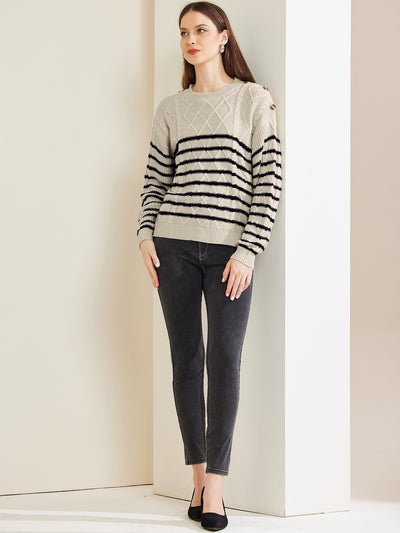 Striped Pullover Crew Neck Long Sleeve Cable Knitted Sweater