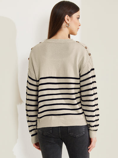 Striped Pullover Crew Neck Long Sleeve Cable Knitted Sweater