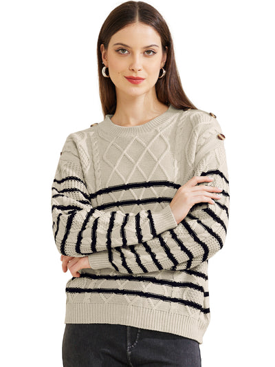 Striped Pullover Crew Neck Long Sleeve Cable Knitted Sweater