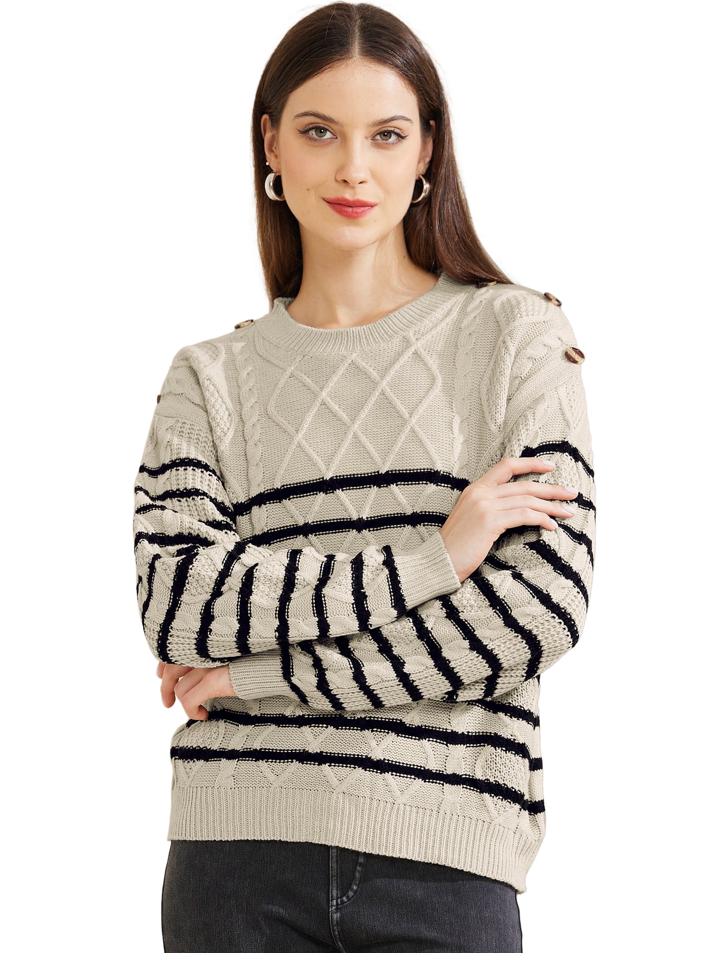 Allegra K Striped Pullover Crew Neck Long Sleeve Cable Knitted Sweater