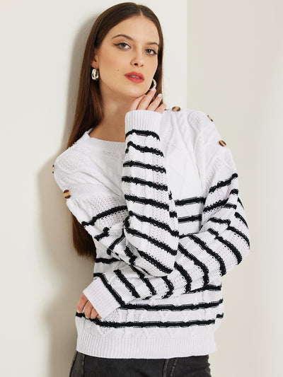 Striped Pullover Crew Neck Long Sleeve Cable Knitted Sweater