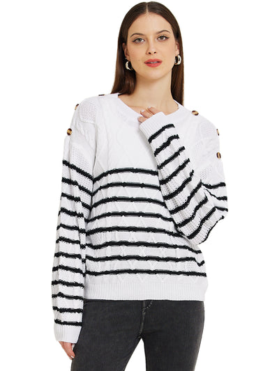 Striped Pullover Crew Neck Long Sleeve Cable Knitted Sweater