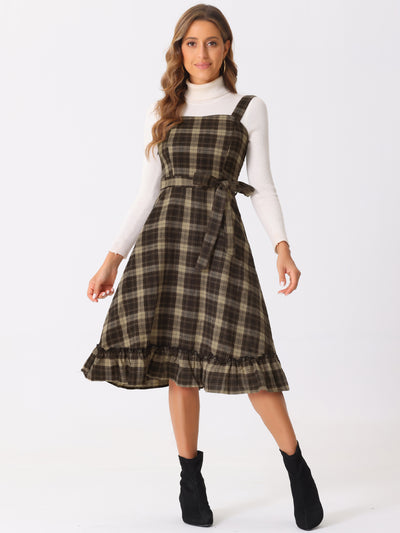 Plaid Ruffled Sleeveless Tie Waist A-Line Pinafore Overall Dress