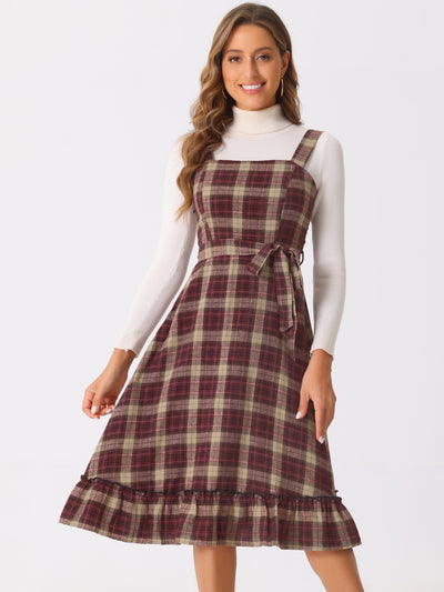 Allegra K Plaid Ruffled Sleeveless Tie Waist A-Line Pinafore Overall Dress