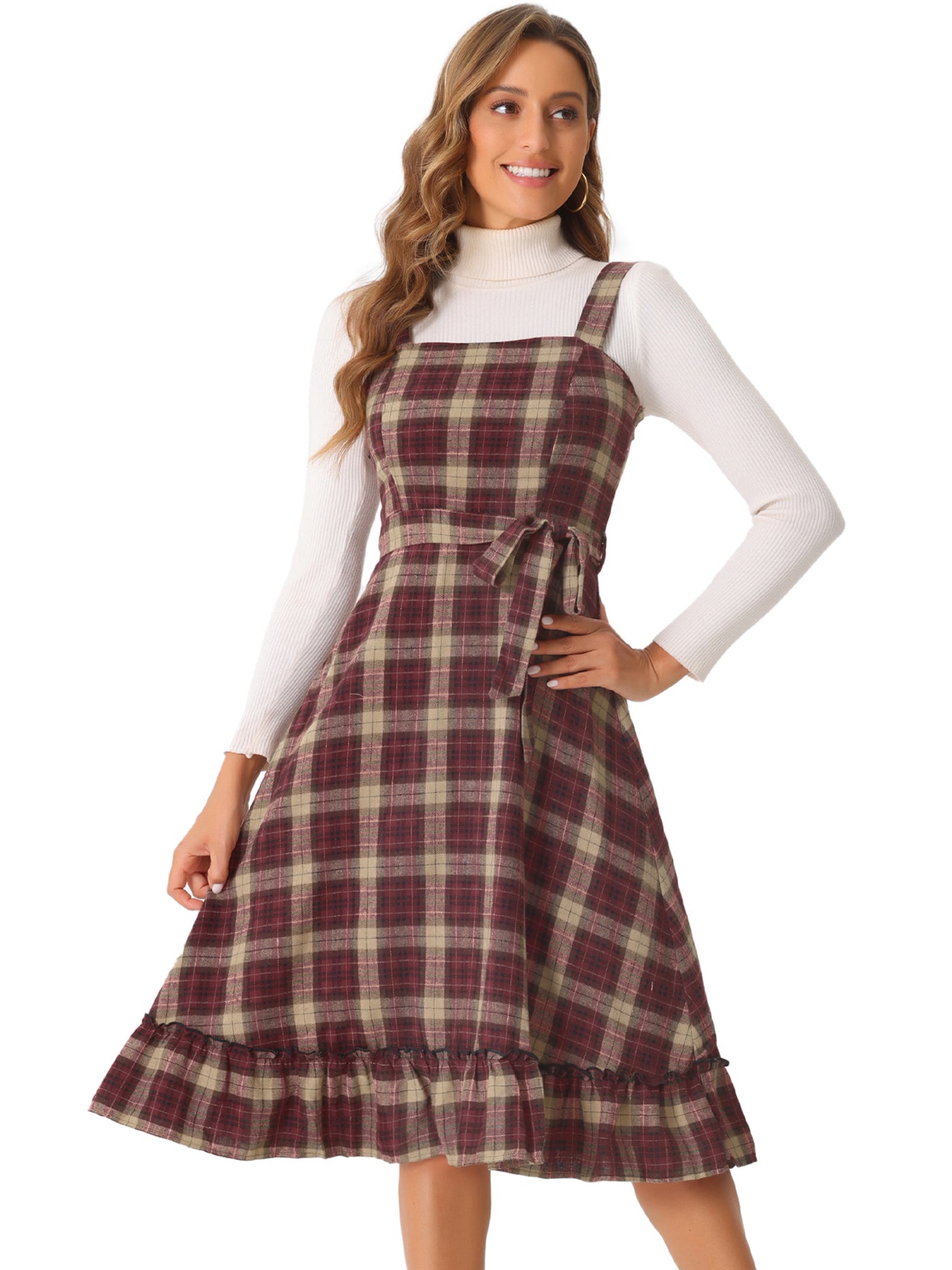 Allegra K Plaid Ruffled Sleeveless Tie Waist A-Line Pinafore Overall Dress