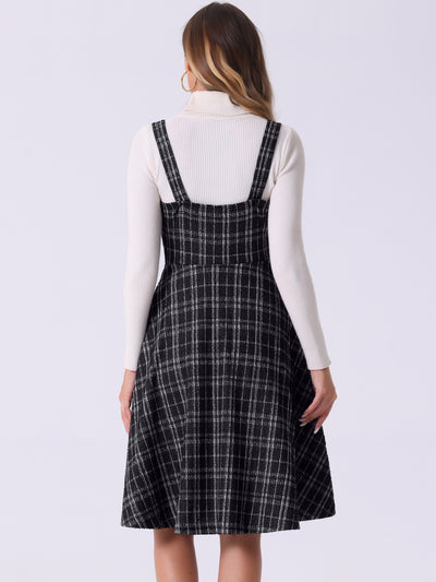 Tweed Plaid Sleeveless Pockets A-Line Pinafore Overall Dress