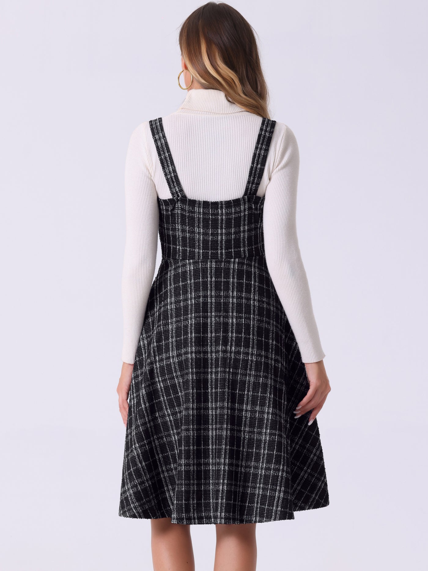 Allegra K Tweed Plaid Sleeveless Pockets A-Line Pinafore Overall Dress