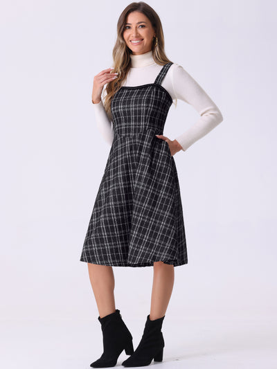 Tweed Plaid Sleeveless Pockets A-Line Pinafore Overall Dress