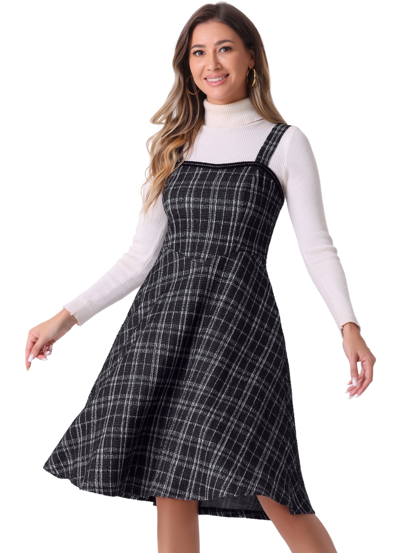 Allegra K Tweed Plaid Sleeveless Pockets A-Line Pinafore Overall Dress