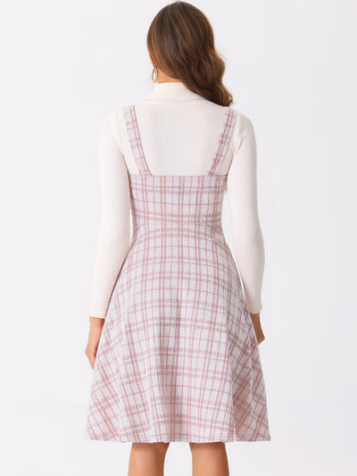 Tweed Plaid Sleeveless Pockets A-Line Pinafore Overall Dress