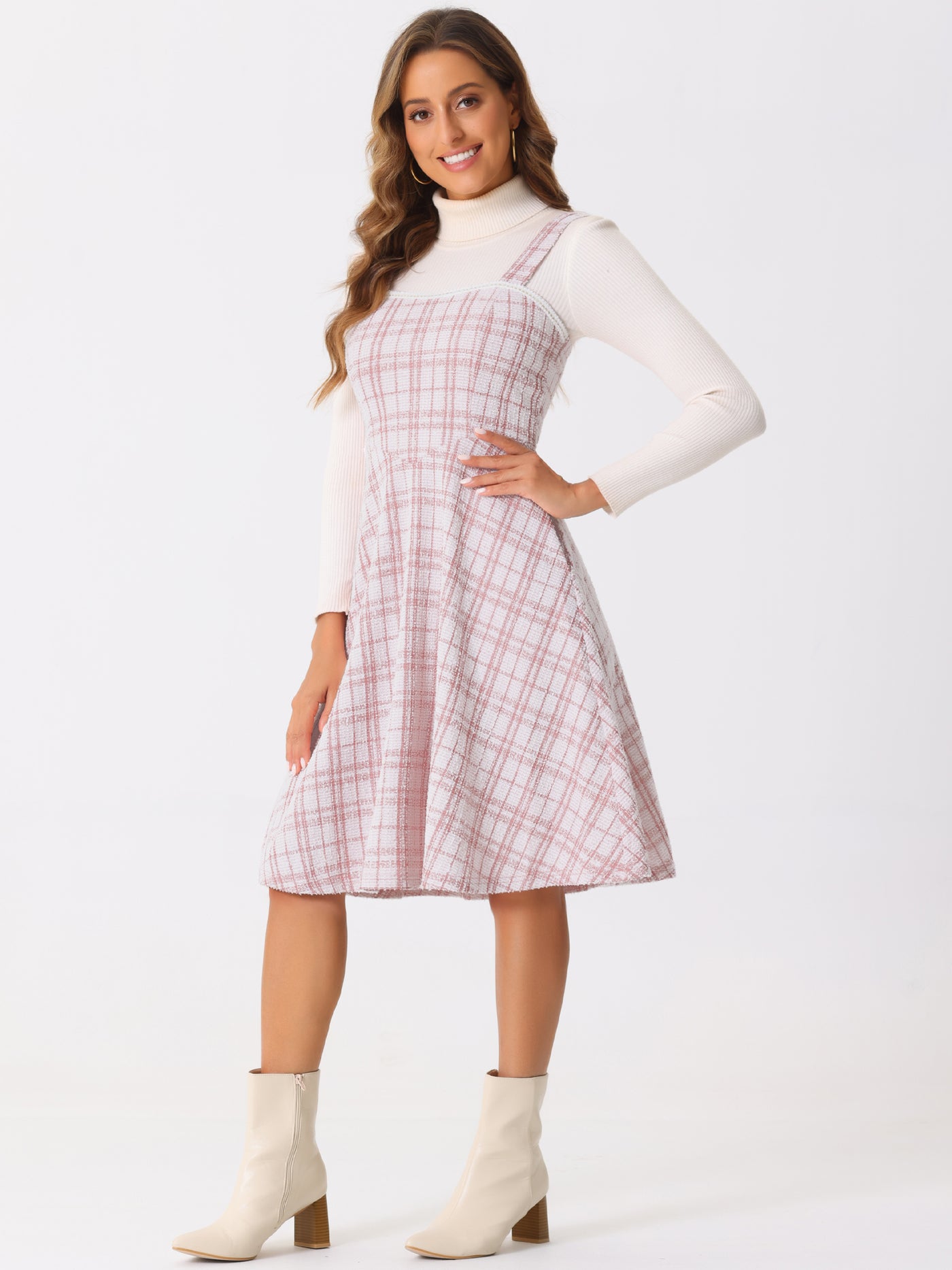 Allegra K Tweed Plaid Sleeveless Pockets A-Line Pinafore Overall Dress