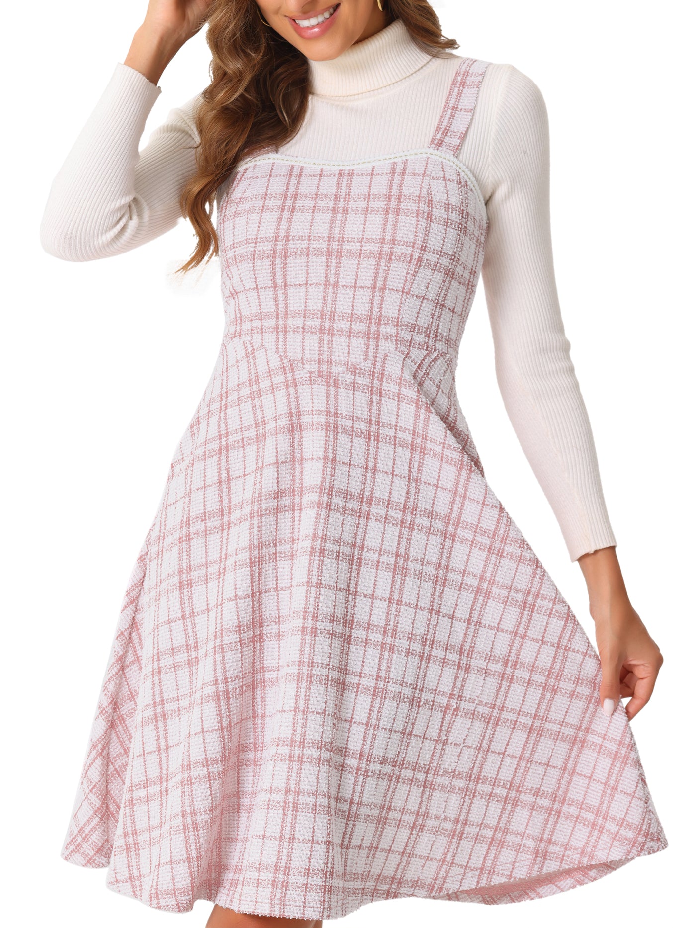 Allegra K Tweed Plaid Sleeveless Pockets A-Line Pinafore Overall Dress