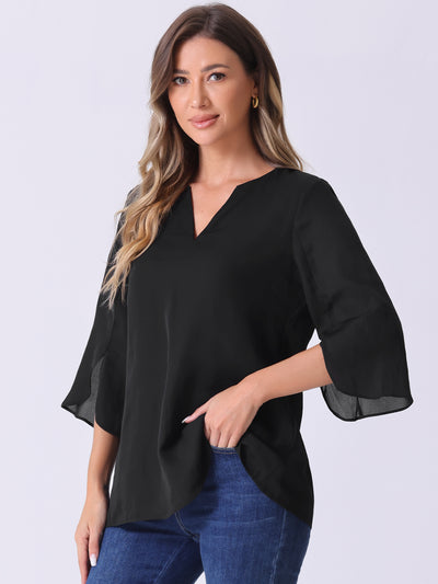 3/4 Split Sleeve Notch Neck Flowy Mesh Casual Blouse