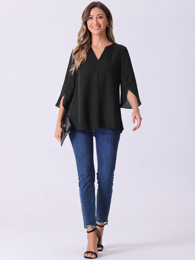 3/4 Split Sleeve Notch Neck Flowy Mesh Casual Blouse