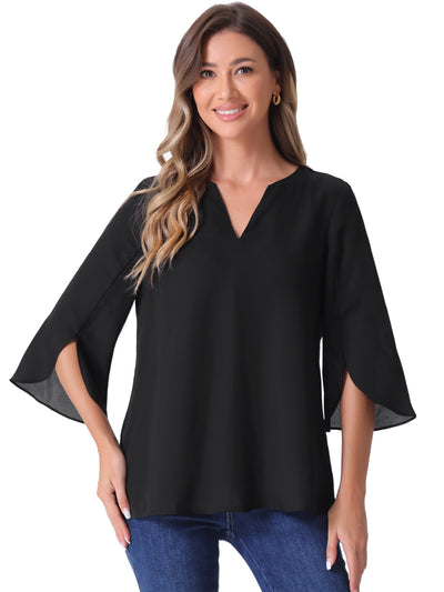 3/4 Split Sleeve Notch Neck Flowy Mesh Casual Blouse