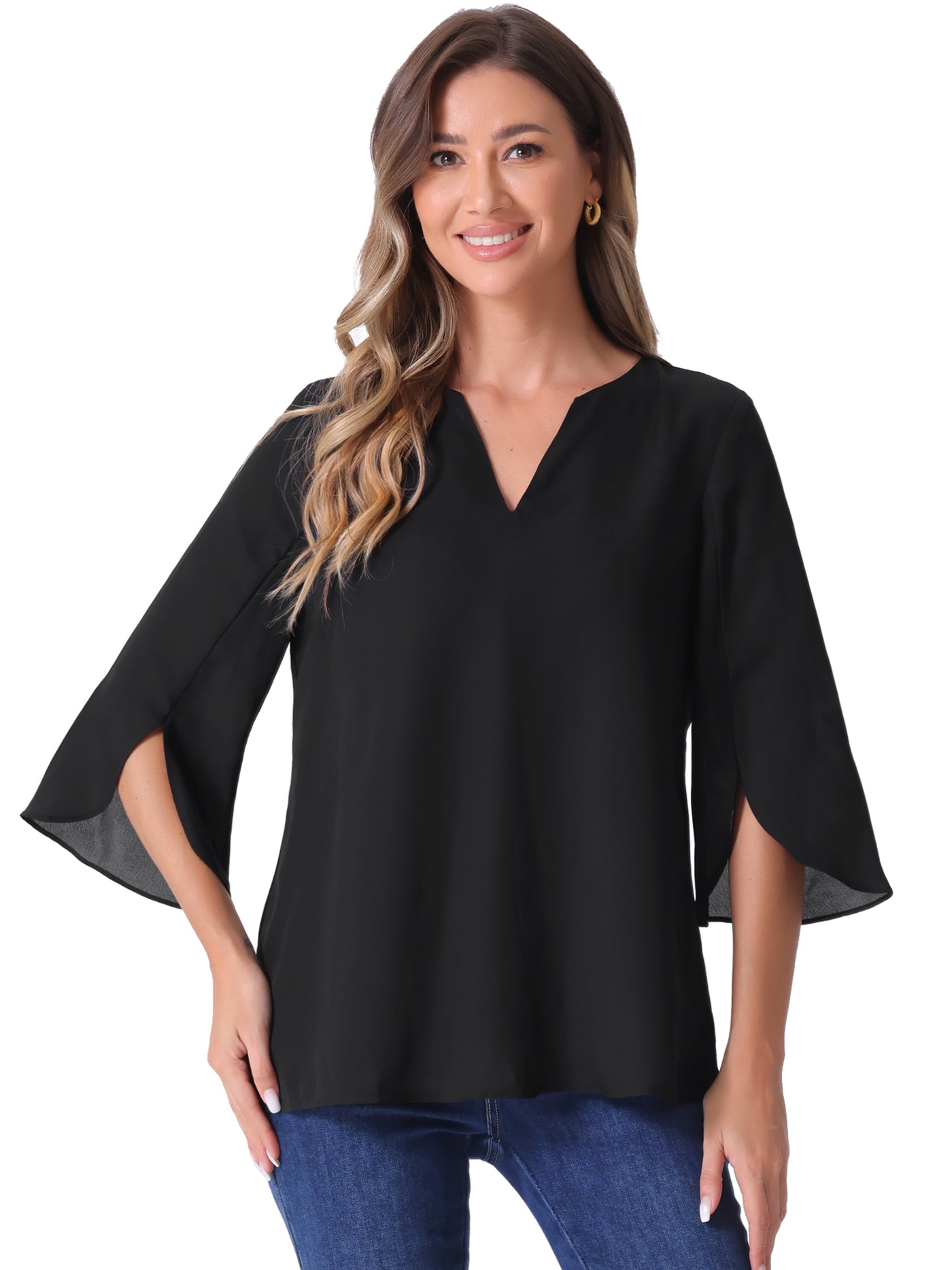 Allegra K 3/4 Split Sleeve Notch Neck Flowy Mesh Casual Blouse