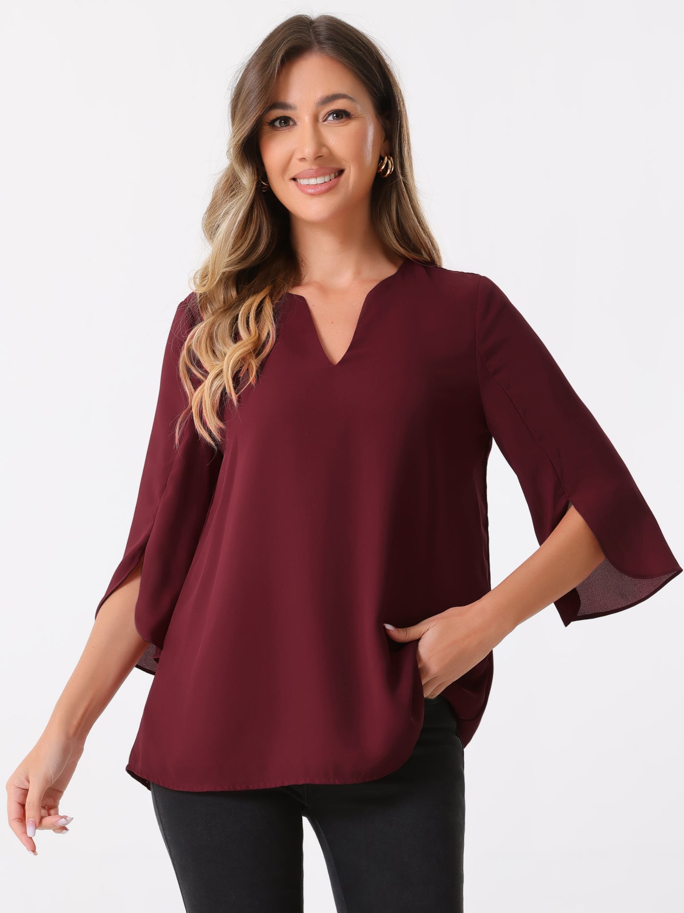 Allegra K 3/4 Split Sleeve Notch Neck Flowy Mesh Casual Blouse