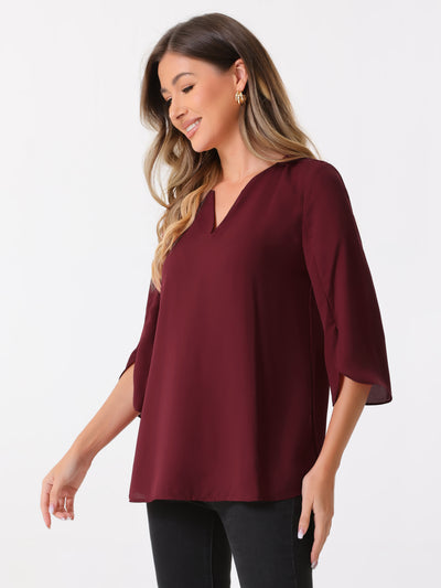 3/4 Split Sleeve Notch Neck Flowy Mesh Casual Blouse