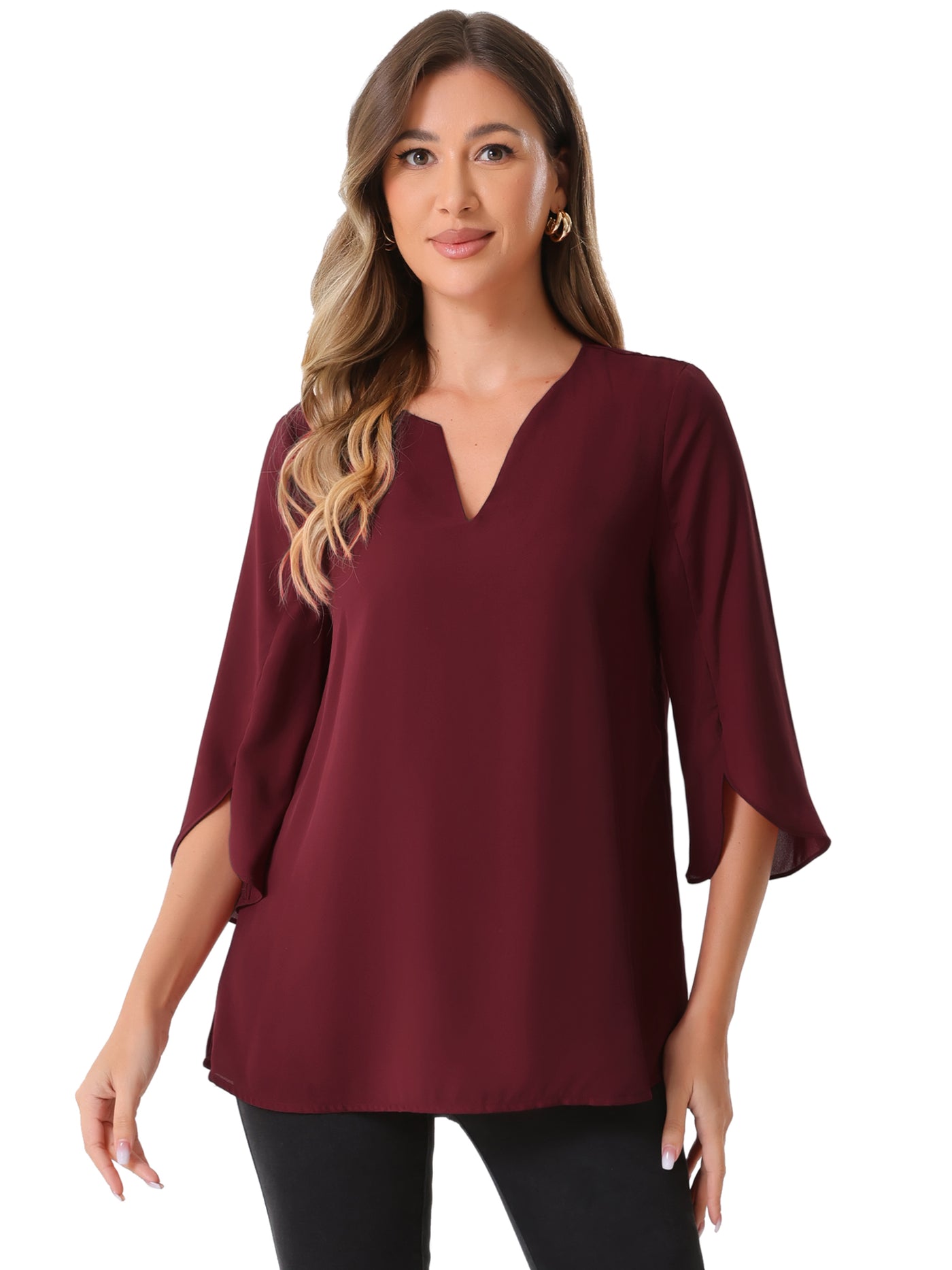 Allegra K 3/4 Split Sleeve Notch Neck Flowy Mesh Casual Blouse