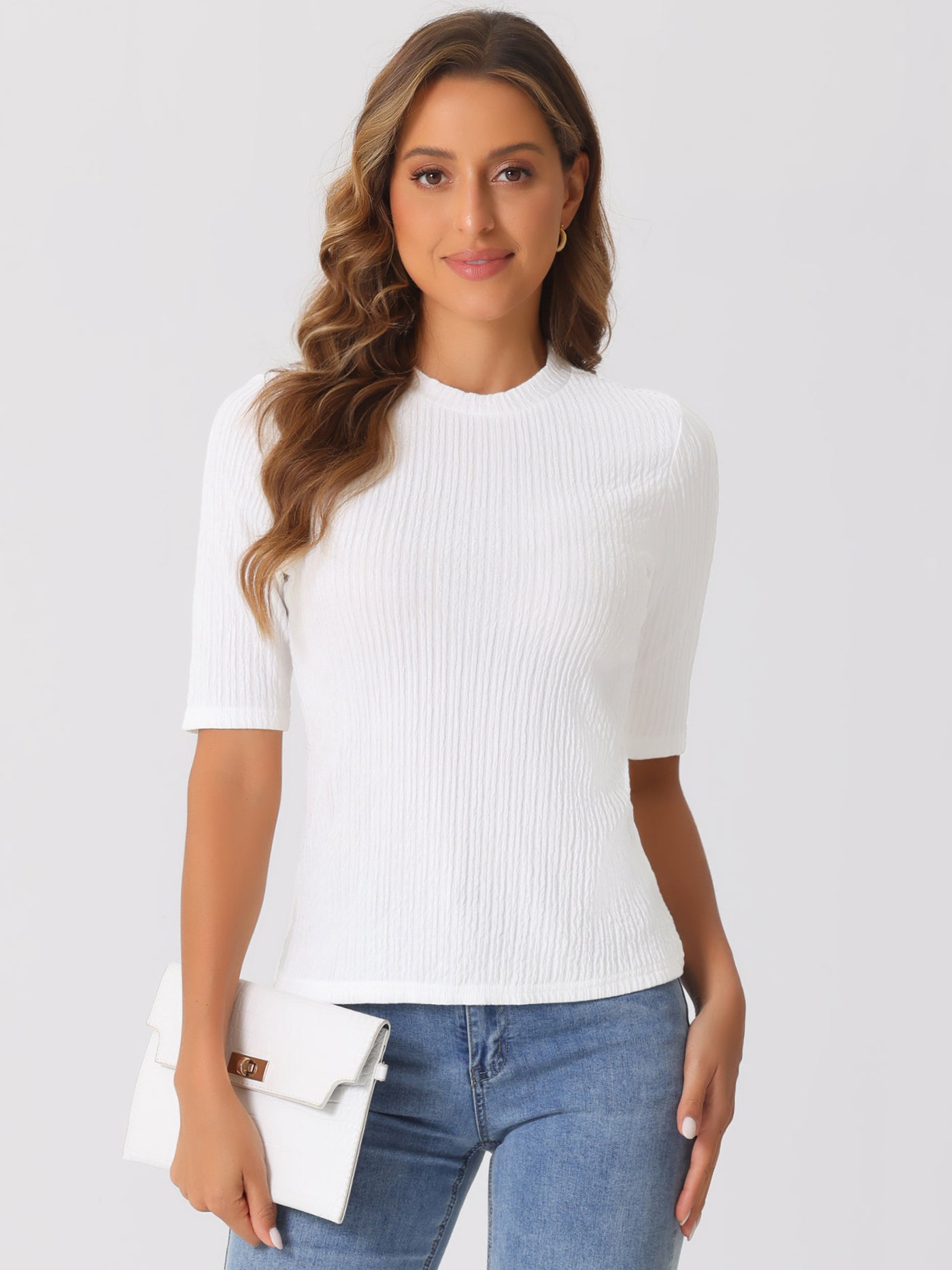 Allegra K Crew Neck Short Sleeve Textured Basic Casual Blouse