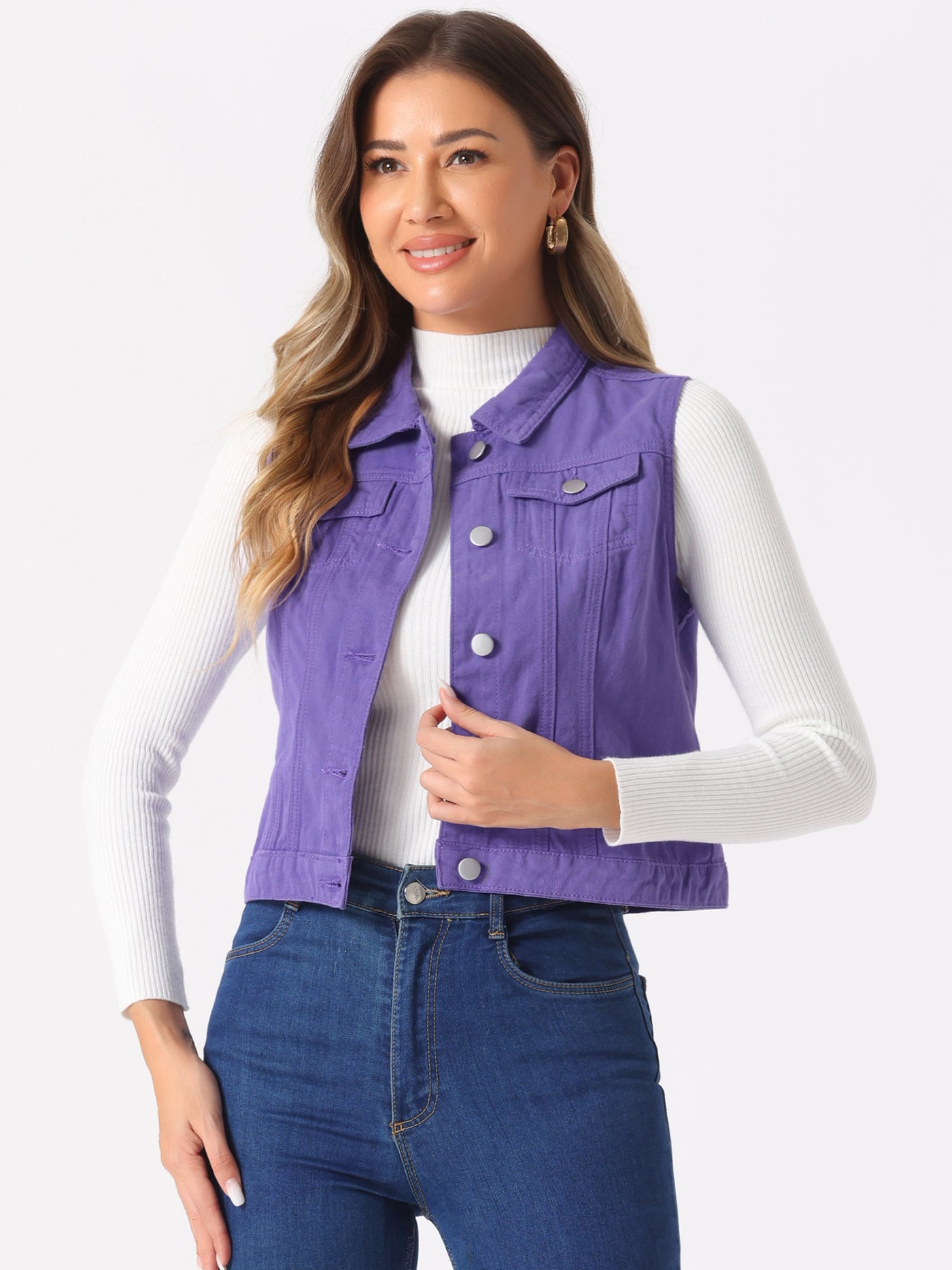 Allegra K Flap Pocket Washed Buttoned Denim Jacket Vest