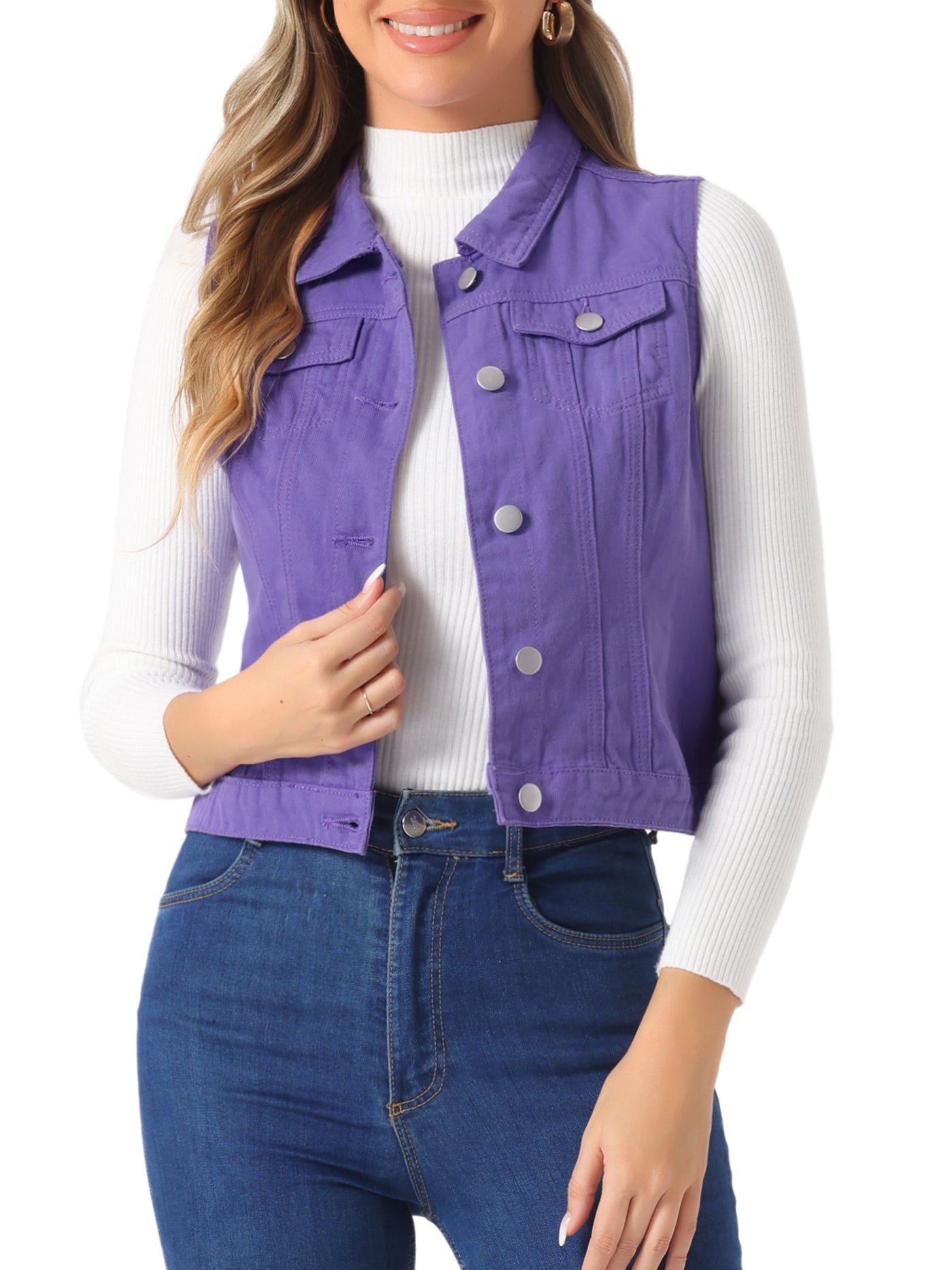 Allegra K Flap Pocket Washed Buttoned Denim Jacket Vest