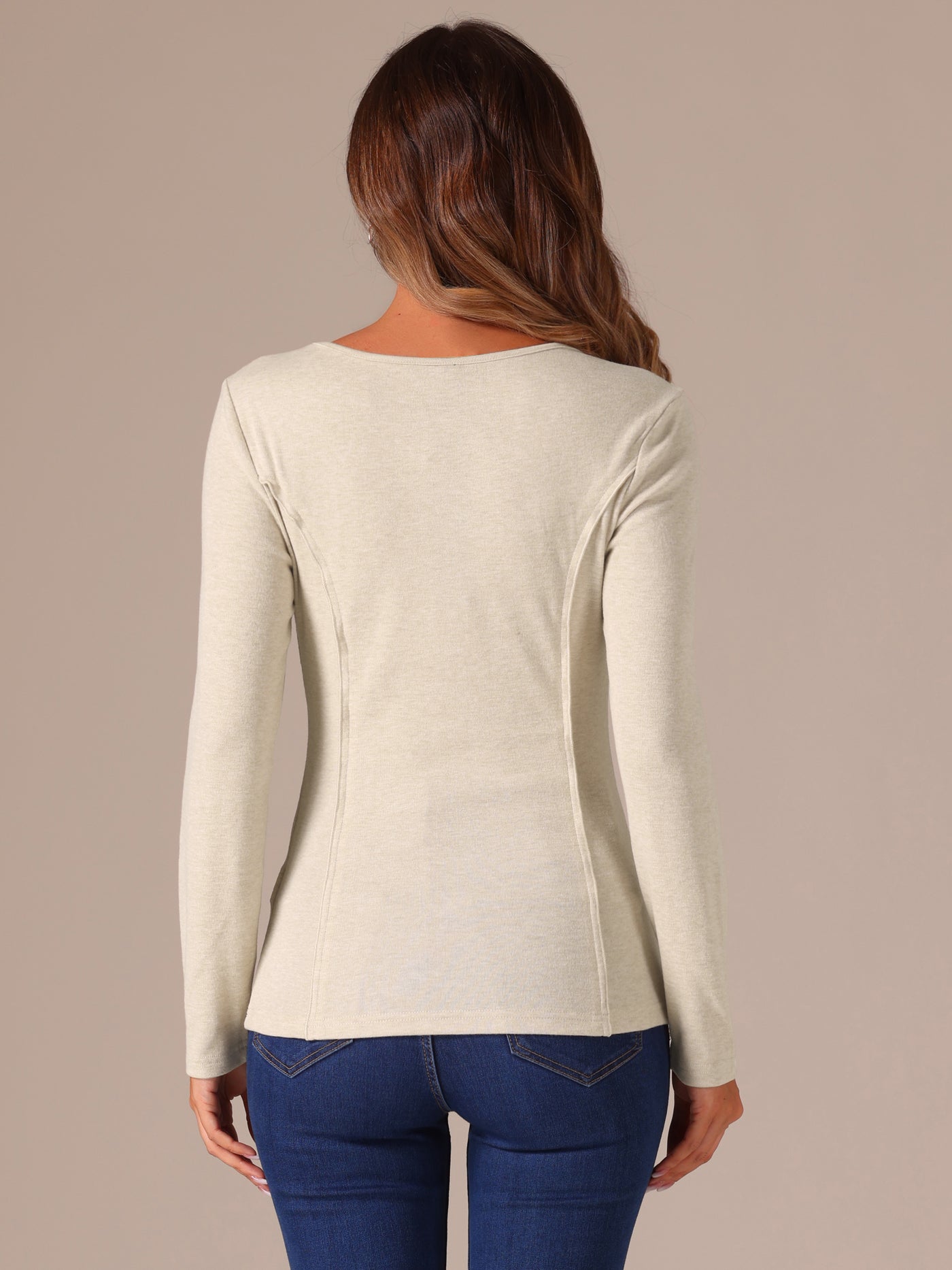 Allegra K U Neck Long Sleeve Knit Basic Casual Blouse