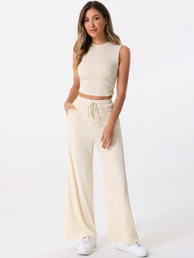 2 Pieces Textured Sleeveless Cropped Top & Wide Leg Pants Lounge Set