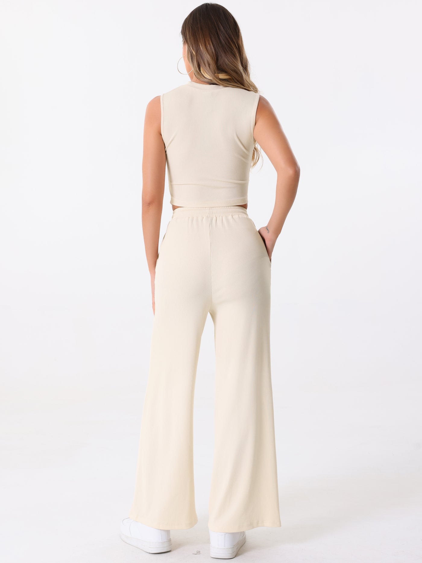 Allegra K 2 Pieces Textured Sleeveless Cropped Top & Wide Leg Pants Lounge Set