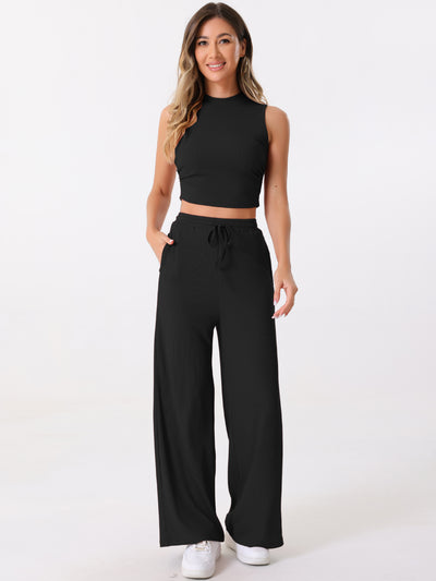 2 Pieces Textured Sleeveless Cropped Top & Wide Leg Pants Lounge Set