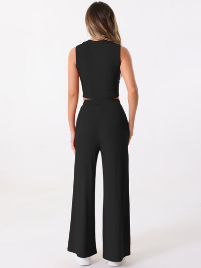 2 Pieces Textured Sleeveless Cropped Top & Wide Leg Pants Lounge Set