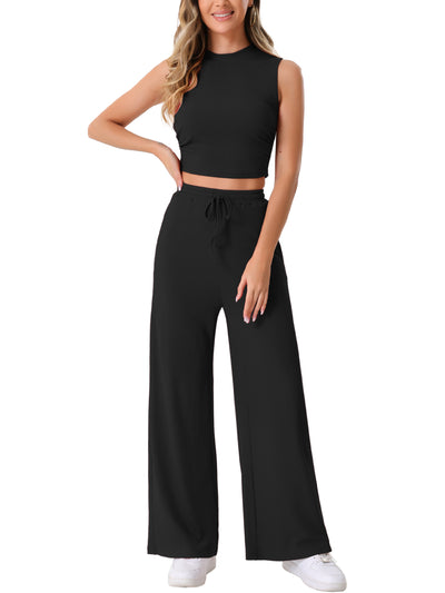 2 Pieces Textured Sleeveless Cropped Top & Wide Leg Pants Lounge Set