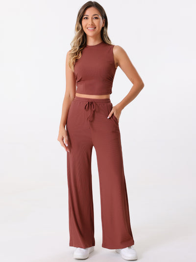 2 Pieces Textured Sleeveless Cropped Top & Wide Leg Pants Lounge Set