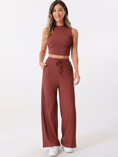 2 Pieces Textured Sleeveless Cropped Top & Wide Leg Pants Lounge Set