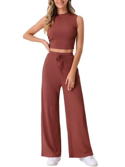 2 Pieces Textured Sleeveless Cropped Top & Wide Leg Pants Lounge Set