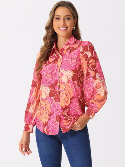 Floral Button Up Puff Long Sleeve Casual Blouse