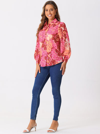 Floral Button Up Puff Long Sleeve Casual Blouse