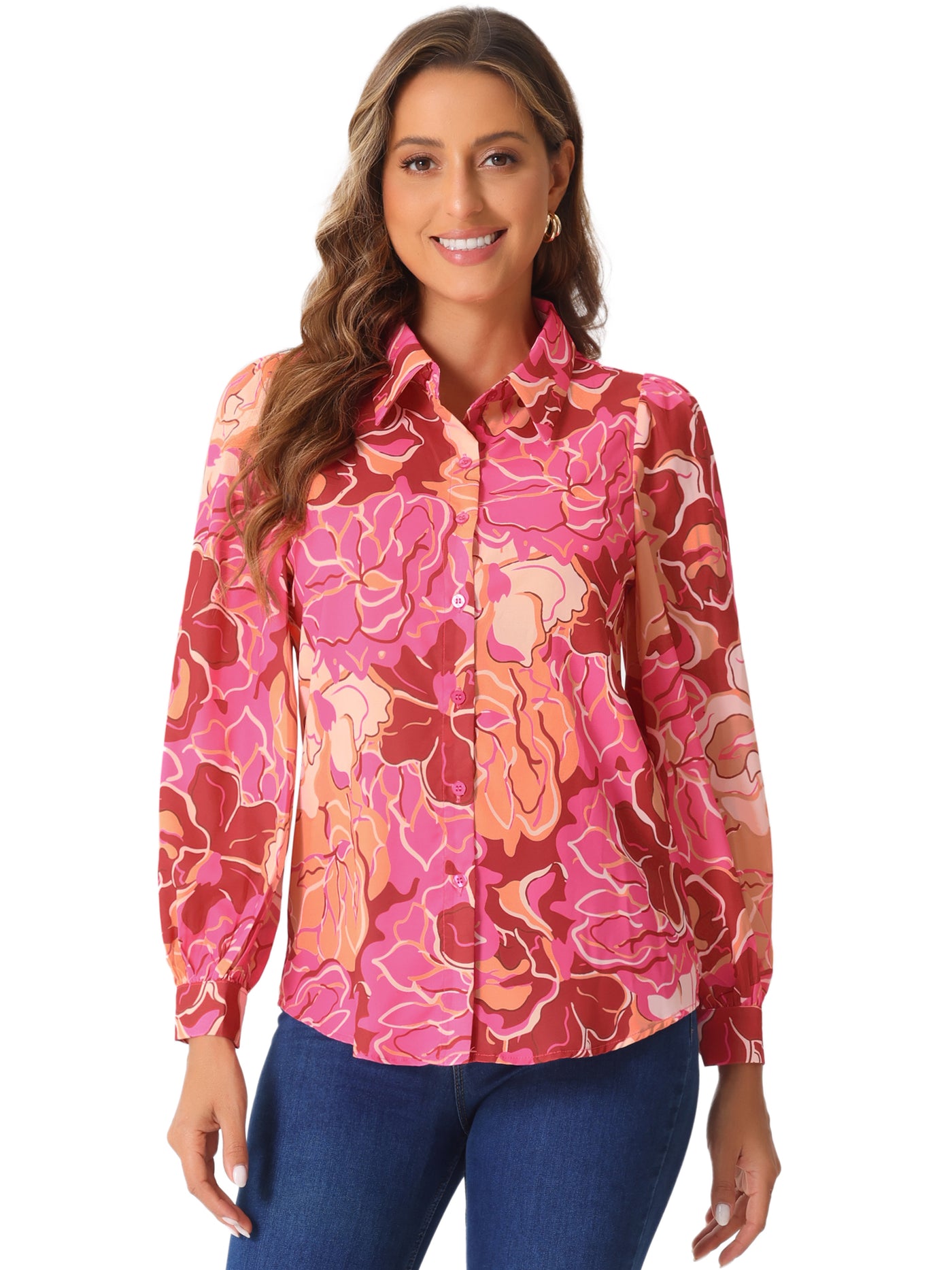 Allegra K Floral Button Up Puff Long Sleeve Casual Blouse