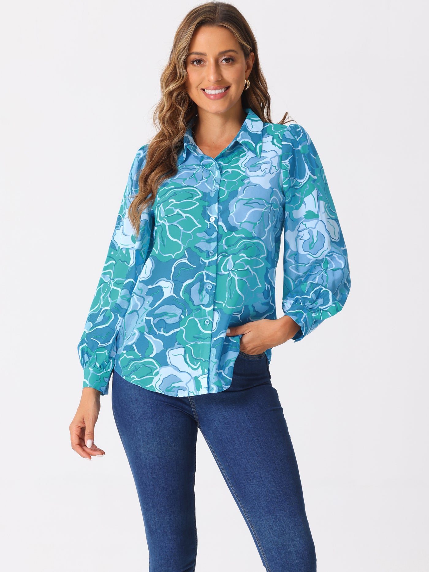 Allegra K Floral Button Up Puff Long Sleeve Casual Blouse