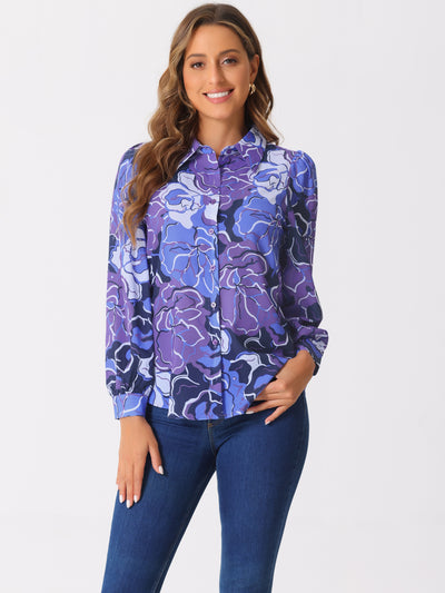 Floral Button Up Puff Long Sleeve Casual Blouse