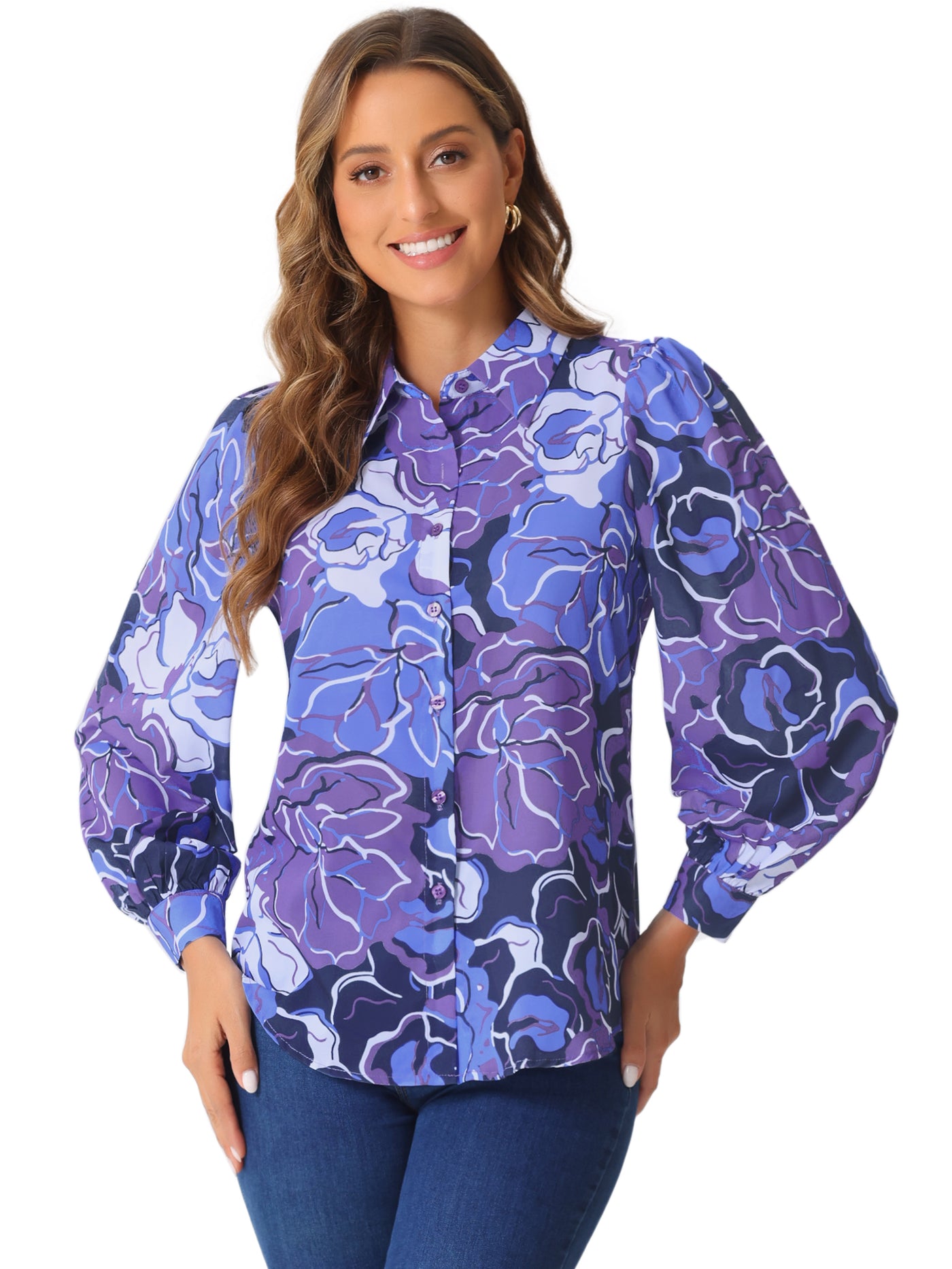 Allegra K Floral Button Up Puff Long Sleeve Casual Blouse