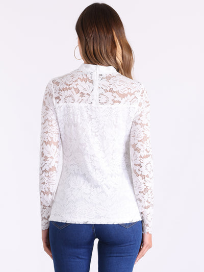 Sheer Lace Long Sleeve Mock Neck Casual Blouse