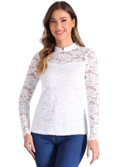 Sheer Lace Long Sleeve Mock Neck Casual Blouse