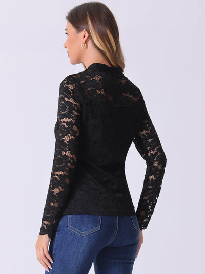 Sheer Lace Long Sleeve Mock Neck Casual Blouse