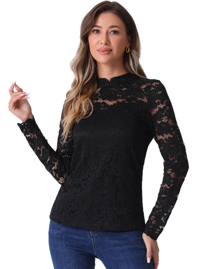 Sheer Lace Long Sleeve Mock Neck Casual Blouse