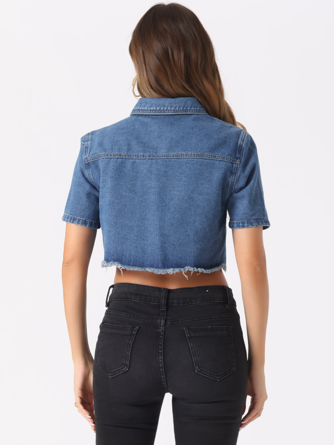 Allegra K Casual Cropped Collared Short Sleeve Frayed Jean Denim Jacket