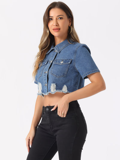 Allegra K Casual Cropped Collared Short Sleeve Frayed Jean Denim Jacket