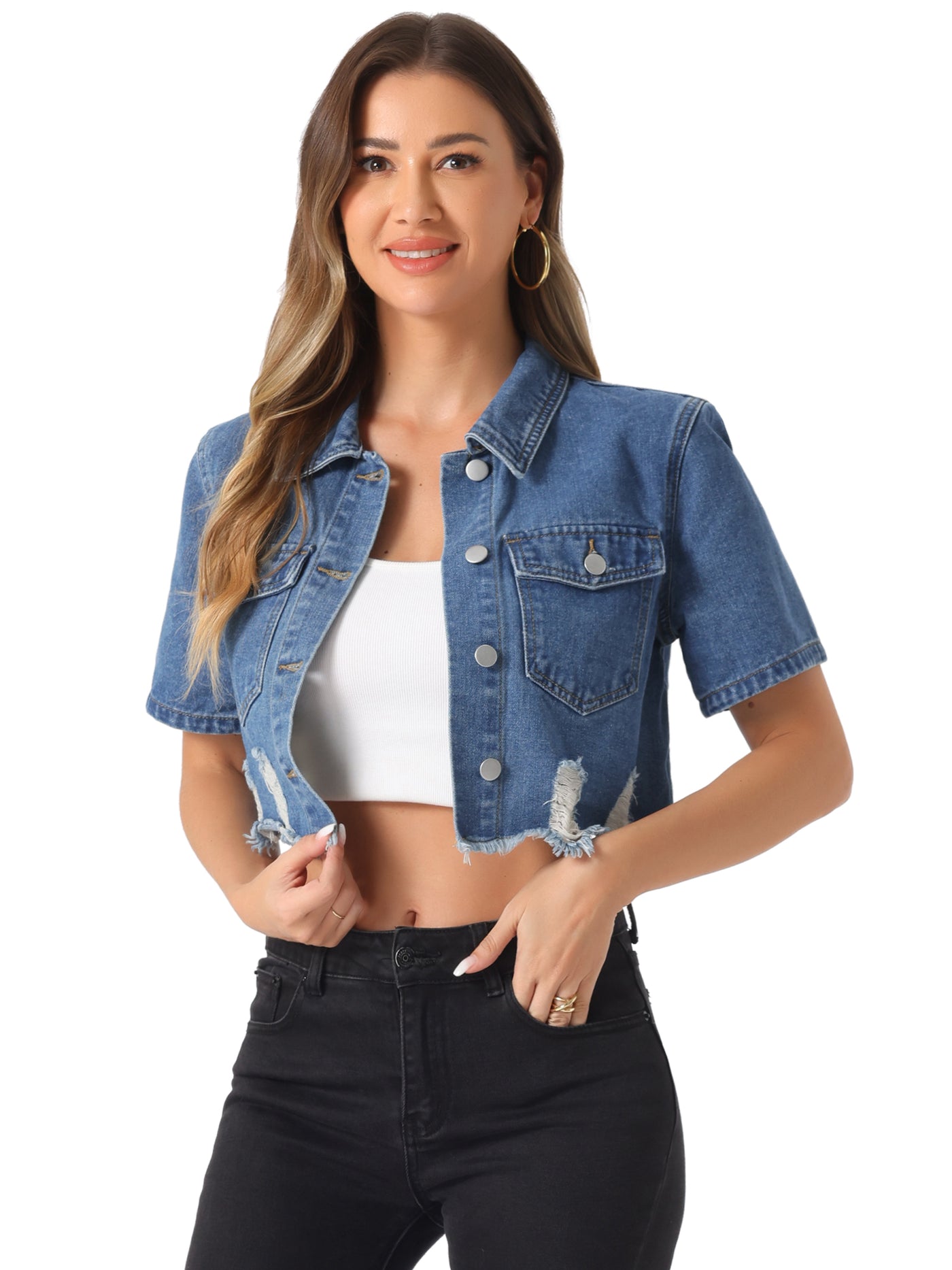 Allegra K Casual Cropped Collared Short Sleeve Frayed Jean Denim Jacket